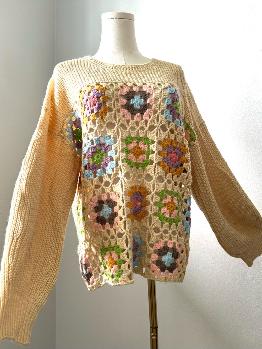 Heyson Cream Crochet Granny Square Balloon Sleeve Sweater Womens S